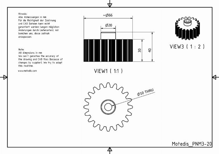 Engrenage droit PA, module 3, 20 dents, largeur 30 mm - Alésage 10 mm