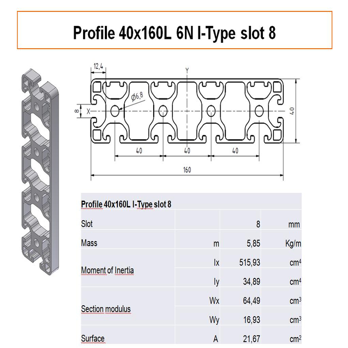 Profilé Aluminium 40x160 L 6N Type I rainure 8