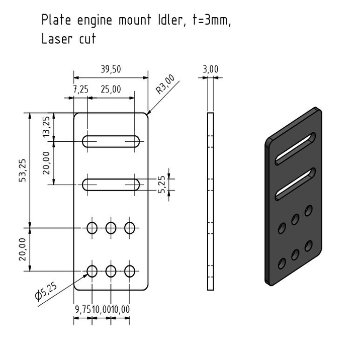 Support moteur plat Idler, t=3mm, découpé au laser