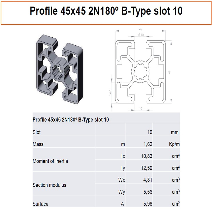 Profilé aluminium 45x45 2N180° Type B rainure 10