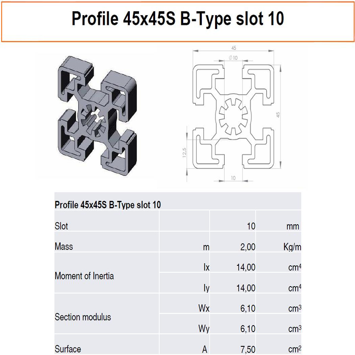 Profilé aluminium 45x45 lourd Type B rainure 10