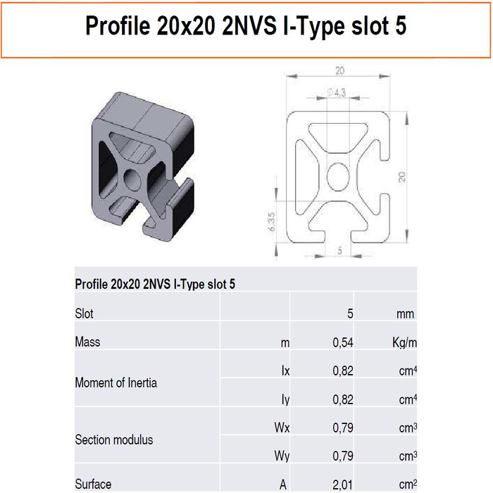 ▷ Profilé aluminium 20x20 2NVS Type I rainure 5