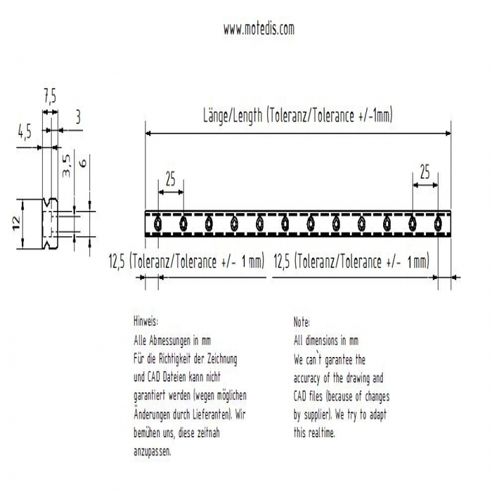 Inox linear guide rail Miniature MR12M-N, L = 300mm