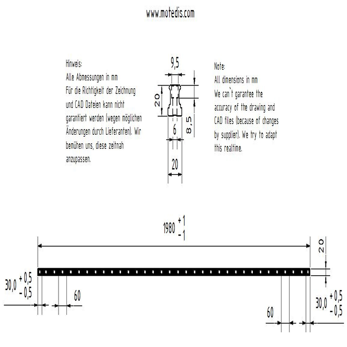 Linear guide rail AR/HR20-N, L = 1980mm
