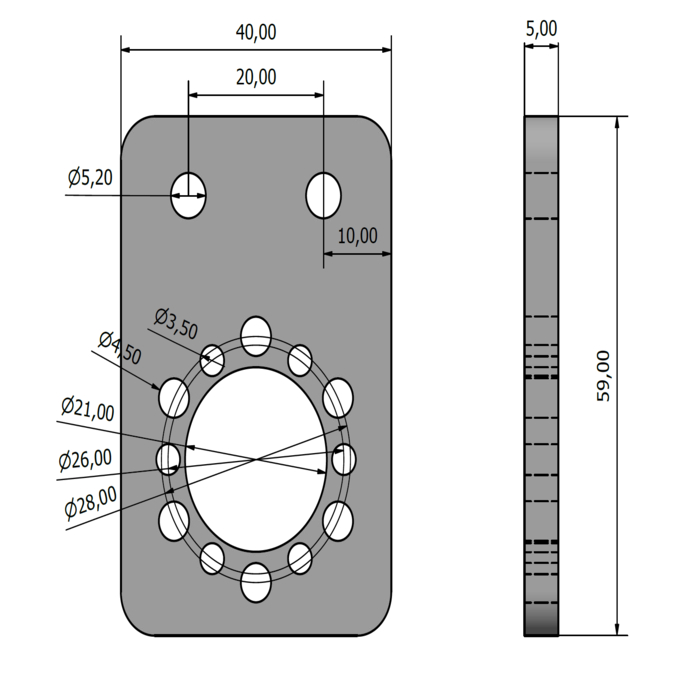 Ecrou trapézoïdal 8x1,5 Plaque de montage Alu lasérisé t=5mm