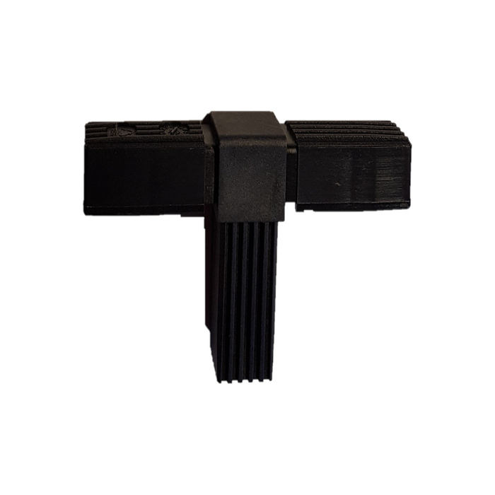 Connecteur enfichable 2D3 en PA pour tube carré 25x25x1,5. Longueur des bras : 49 mm. Connecteur monobloc