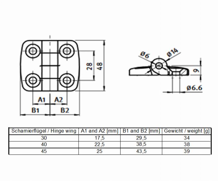 Light plastic hinge for profile 30x30